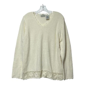 Vintage White Stag Sweater Womens Size XL Ivory Crochet Hem Knitted V Neck Top - Picture 1 of 7