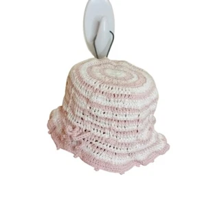 Handmade Infant Baby Girl's Baby Knitted Pink White Bucket Hat W Bow - Picture 1 of 6