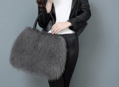 100% Real Angora goat Fur Handbag Womens Purse Wallet Bag Cross body Shoulder - Image 1 of 4