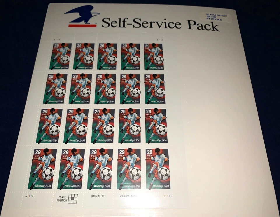 SCOTT #2834 WORLD CUP USA 1994 SOCCER Pane of 20, 29 Cent Stamps MINT, SEALED - Image 1 of 1