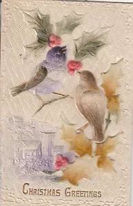 Airbrushed Christmas~Purple & Brown Birds~Red Green Holly Berry~Felt Leaves~Emb - Picture 1 of 2