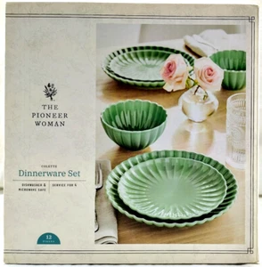 PIONEER WOMAN Colette Scallop Green 12 Pcs Dinnerware Set Stoneware NIB - Picture 1 of 9