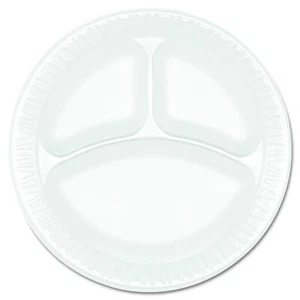 Dart 9" Concorde Round Foam Plate, 3 Compartment, White Unlaminated, 9CPWCR| - Picture 1 of 5