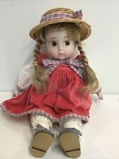 Sekiguchi Bisque Head Doll Blonde Pigtails Brown Eyes Red Dress 13.5” /Hat #0614