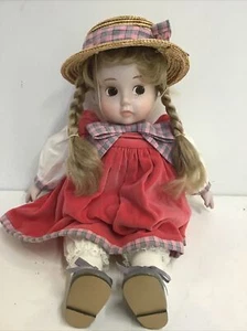 Sekiguchi Bisque Head Doll Blonde Pigtails Brown Eyes Red Dress 13.5” /Hat #0614 - Picture 1 of 12