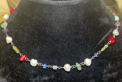 Sterling Silver Multi Gemstone Peridot Pearl Colorful Beaded Necklace 17” - Image 1 of 4