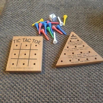 VINTAGE Wooden Peg Games Tic Tac Toe& Mind Magic 14 Plastic Pegs& Dice - Image 1 of 4