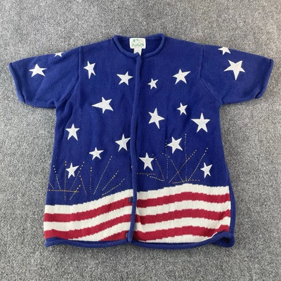 Quacker Factory Sweater Womens Medium Blue Cardigan 4th of July Short Sleeve - Image 1 of 4