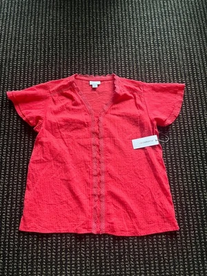 Blusa Liz Claiborne para mujer roja cuello en V ribete de encaje manga corta algodón talla L nueva con etiquetas Foto 1 de 4