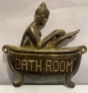 Vintage Bathroom Towel Hook Door Solid Brass Metal Women N Tub Nude Lady Bathing - Picture 1 of 2