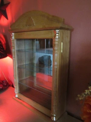 VTG Wood Wall Display Case Curio Cabinet Glass Door Glass Shelfs Mirrored Back - Image 1 of 4