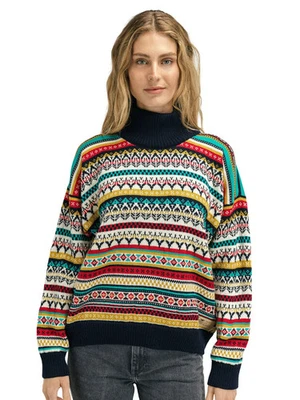 Women's M Dale of Norway Utsira High Neck Loose Fit Wool Sweater Navy Red Yellow - Image 1 of 4