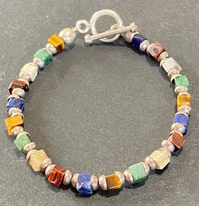 Vintage 925 Sterling Silver Toggle Natural Cube Gemstone Beaded Bracelet - Picture 1 of 5