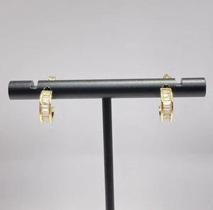GLD Shop 14K Posts 18K Yellow Gold-Plated Baguette CZ Hoop Stud Earrings New - Picture 1 of 7