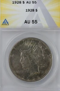 1928 $1 ANACS AU 55 Peace Dollar, 1900's Silver Dollar, - Picture 1 of 2