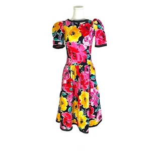 Vintage 80er 90er Handmade Lebendig Großer Blumenmuster Puffärmel Party Kleid XS/S - Bild 1 von 5