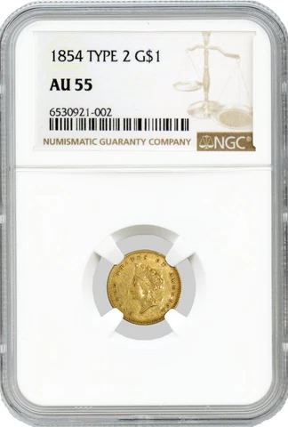 1854 $1 Liberty Head Head Gold Dollar Type 2 NGC AU55 About Uncirculated Coin Cover