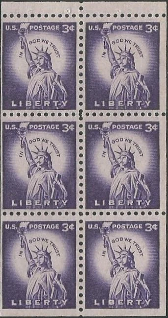 Booklet Pane of 6 stamps - Scott 1035a - 3 cent - Liberty - 1954 - MNH - Image 1 of 1