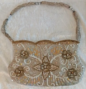 Antique Handmade Beaded, Rhinestone, Sequin Wedding Purse w/Beaded Strap - Picture 1 of 12