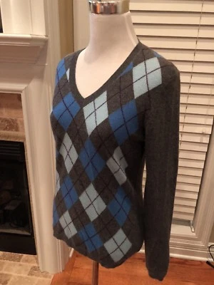 100% 2 PLY cashmere GENEVA sweater CHECKS GRAY GREY BLUE V NECK Women SIZE S - Image 1 of 4