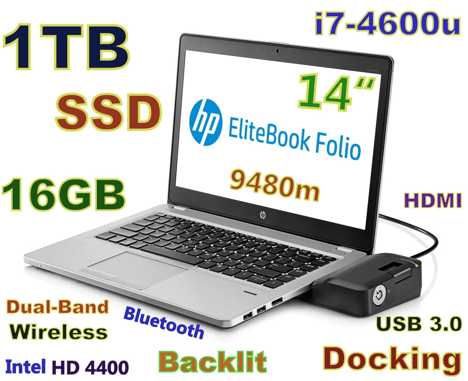 HP Folio 9480m i7-4600u RÁPIDO 1TB SSD 16GB 14" HD+ BT Retroiluminado + Acoplamiento Foto 1 de 4