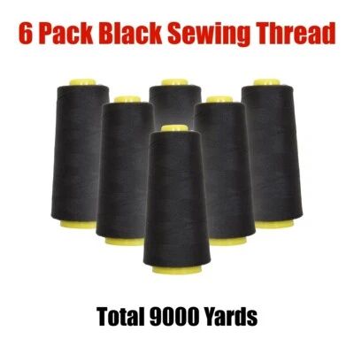 New! 6 Spools Sewing Thread Polyester BLACK 1500 yards each Spool - Image 1 of 4