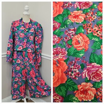 Vintage Culottes Suit Cropped Padded Jacket  Floral Print /Tea Party/Garden  - Image 1 of 4
