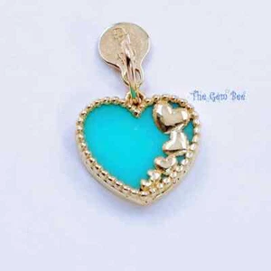 14K Solid Yellow Gold Teal Blue Turquoise Heart Charm Pendant - Picture 1 of 6