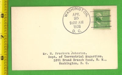 1938 FDC 1c Stamp Sc #804 to H.F. Johnston Geomagnetist - Terrestrial Magnetism - Image 1 of 2