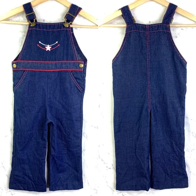Vintage 70s Toddler Overalls Jumpsuit Denim Kids 4T Health Tex USA Indigo Retro - Image 1 of 4