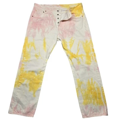 Levis 501 Jeans Mens 38x30 Pink Yellow Tie Dye Straight Leg Button Fly Denim - Image 1 of 4