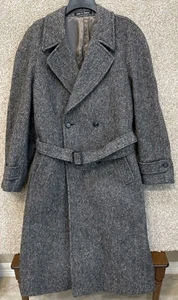 Fine Woolens Scotland Mens Gray Tweed Herringbone Belted Trench Coat Size Large - Picture 1 of 16
