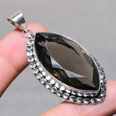 Faceted Smoky Quartz Marquise Shape Handmade Ethnic Jewelry Pendant 2.5" SR 1328 - Image 1 of 4