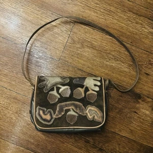 Borsa a mano Sharif vintage anni 80 90 ghianda patchwork pelle esotica ricamata USA - Foto 1 di 4