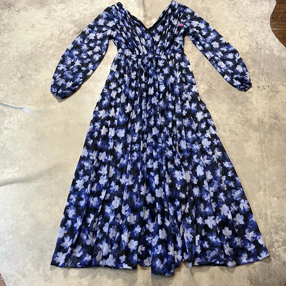 Vestido ML Monique Lhuillier Mujer Talla 6 Azul Negro Floral Maxi Forrado Foto 1 de 4