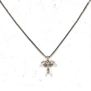 14k White Gold & Natural Diamond Mini Cross Necklace Italy made Chain: 16.5" JPN - Picture 1 of 22