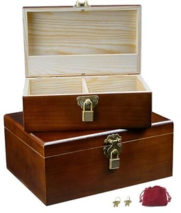 Große Holzkiste 2er Set Aufbewahrung Deko Boxen mit Schloss und Schlüssel Andenken - Bild 1 von 8
