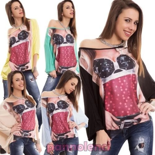 Pull Femme Manches Chauve-Souris T-Shirt Large Photo Body Sexy Neuf CC-1258 - Photo 1/1