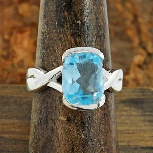 Natural Blue Topaz Gemstone Ring 925 Sterling Silver Handmade Ring Size 8 - Picture 1 of 7