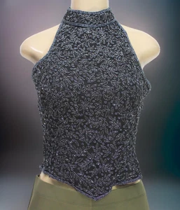 Top Papell Boutique sera donna reggicalze senza maniche perline seta nero taglia S - Foto 1 di 8