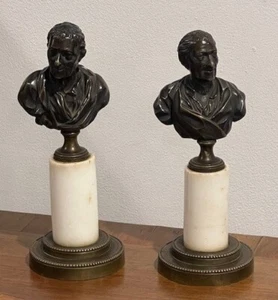 Antique French Bronze Busts Voltaire and Montesquieu on Marble Bases 18th Cent - Picture 1 of 7