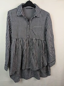 Zara Woman Premium Denim Size Large Long Sleeve Top Gingham Half Button - Picture 1 of 11