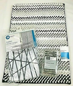 IDesign Target Black & White Shower Curtain Memory Foam Rug and Shower Hooks Lot - Picture 1 of 6