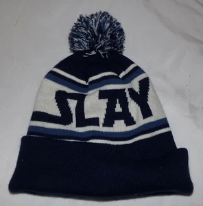 Slay Knit Ski Hat Winter Toboggan Snow Pom Pom Blue White Retro - Picture 1 of 4