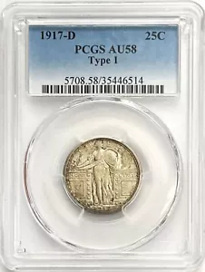 1917 D US STANDING LIBERTY TYPE 1 QUARTER SLQ 25 CENT COIN PCGS ABOUT UNC 58 - Picture 1 of 2