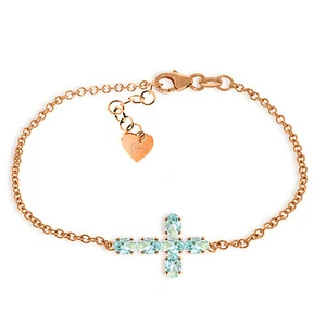 14K. SOLID GOLD CROSS BRACELET WITH NATURAL AQUAMARINE - Picture 1 of 21