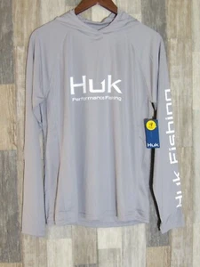 HUK Vented Pursuit Long Sleeve Shirt with Hoodie Overcast Grey Men's Size S - Picture 1 of 5