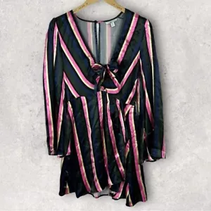 Topshop Striped Print Mini Dress Tie Front Multicolour Size 4 Bell Sleeve NEW - Picture 1 of 11