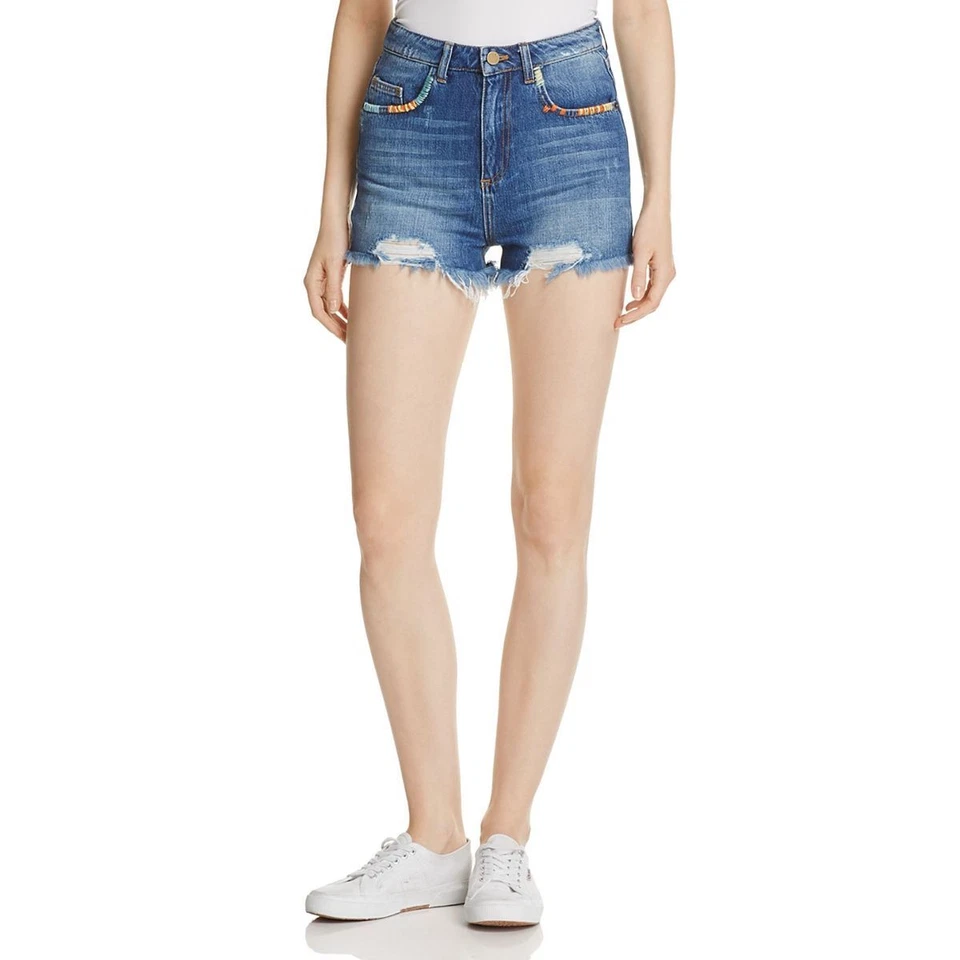 FRENCH CONNECTION 全新女式复古蓝色 Rufaro 磨损牛仔短裤 2 TEDO — 第 1/1 张图片