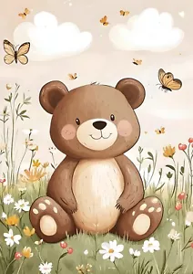 Bear & Butterflies in Field Nursery Kids Room Wall Art Print 8.5"x11" - Picture 1 of 1
